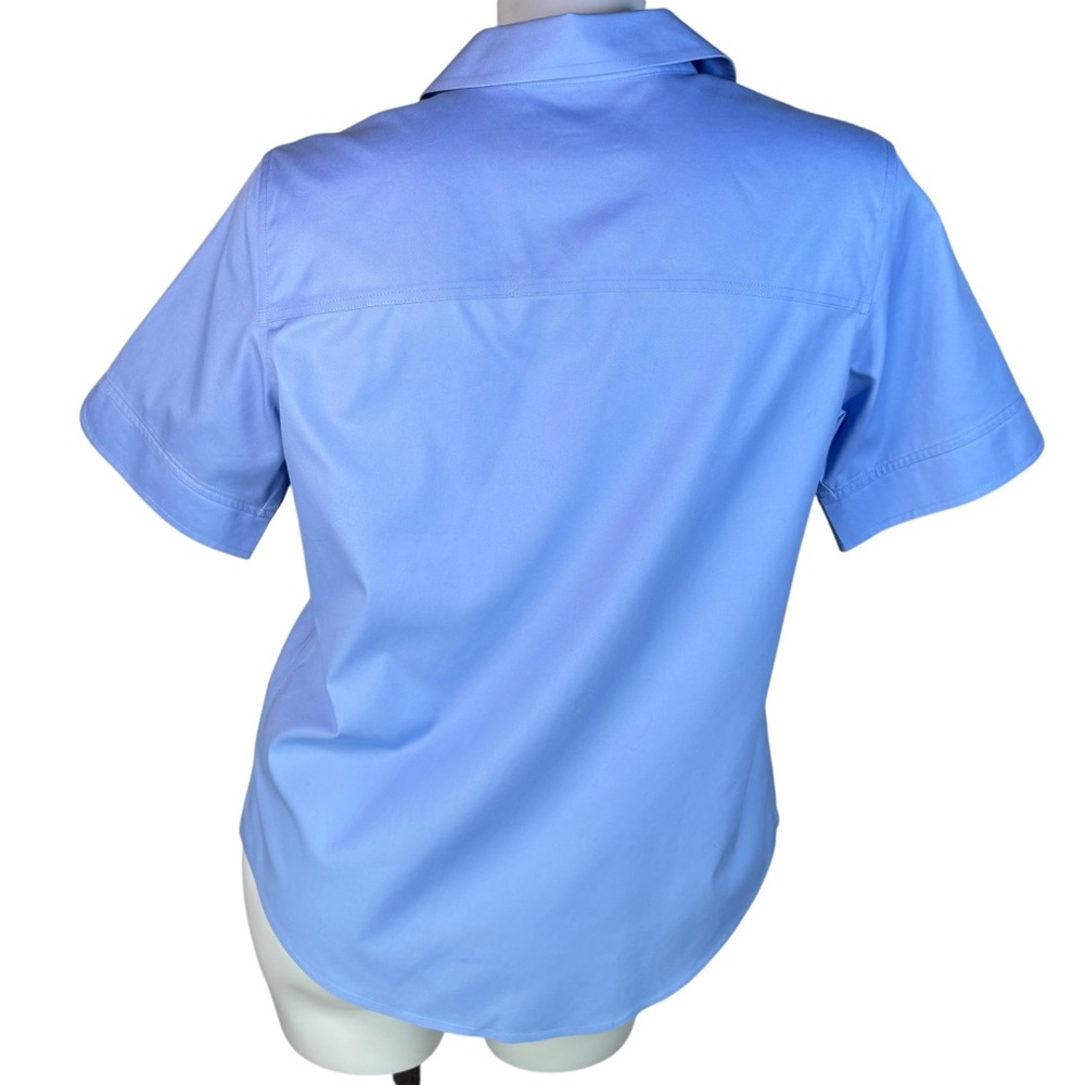 Chico's Blue No-Iron 100% Cotton Short Sleeve Button Down Blouse w/ Pockets Sz 1 - Picture 2 of 8